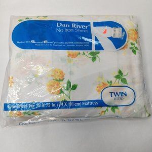 NOS Vintage Dan River Twin Fitted Sheet White Yellow Roses No Iron Fortrel NEW